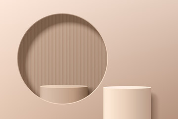 Abstract beige 3D cylinder pedestal or stand podium in circle window on the wall. Light brown modern minimal scene for cosmetic product display presentation. Vector geometric rendering platform design