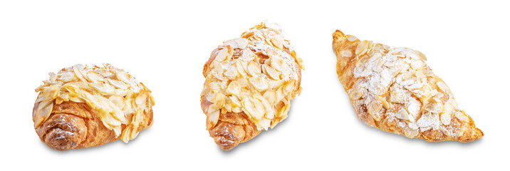 Croissant with almond nuts on a white isolated background