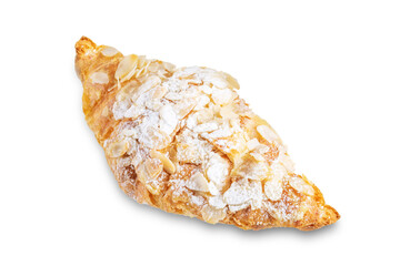 Croissant with almond nuts on a white isolated background