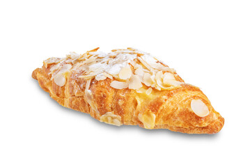 Croissant with almond nuts on a white isolated background
