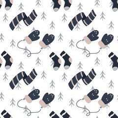 with knitted mittens, scarf and socks. Vector seamless pattern