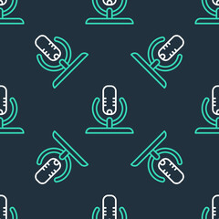 Line Microphone icon isolated seamless pattern on black background. On air radio mic microphone. Speaker sign. Vector