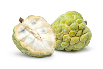 Custard apple (sugar apple, annona, cherimoya fruit) and cut in half sliced isolated on white background.
