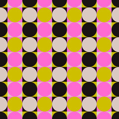 Checker pink and yellow shapes. Vector repeated black and white colors circle in square.