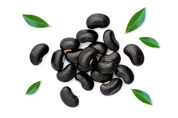 Black beans with green leaf isolated on white background. 