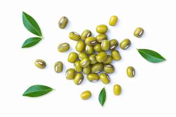 Green mung beans (Vigna radiata) with leaves isolated on white background. Top view. Flat lay.