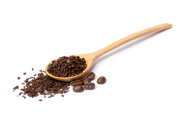 instant coffee in a spoon and coffee beans isolated on white. 
