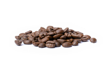 Pile of coffee beans isolated on white background. 