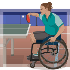 para sports paralympic table tennis, physical disabled female athlete sitting in specialized wheelchair holding paddle hitting ball with stadium background