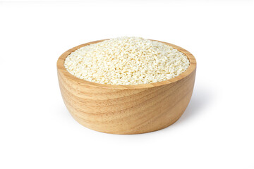 White sesame seeds in wooden bowl isolated on white background. 