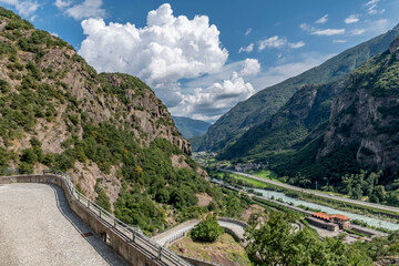 South east aerial view, from the top of Forte di Bard towards Donnas, Aosta Valley, Italy