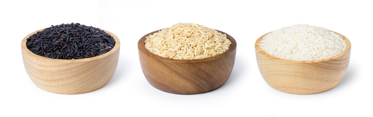 Various type and color of rice ;  riceberry ,brown coarse rice and white thai jasmine rice in...