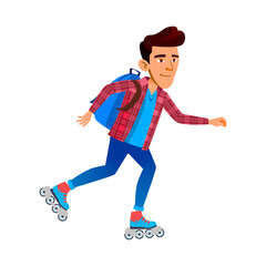 Schoolboy Riding Roller Skates Outdoor Vector. Asian School Boy Ride Roller Skates In Park. Character Teenager With Backpack Skating, Funny Sport Active Time Flat Cartoon Illustration