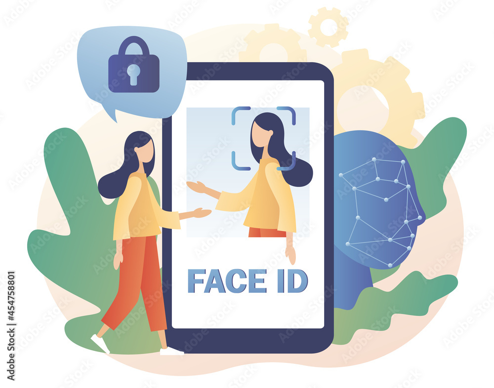Aufkleber face id in smartphone app. biometric identification system. tiny woman scans and recognition faceusi