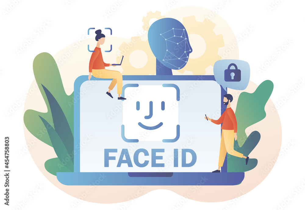 Aufkleber face id concept. biometric identification system. tiny people scans and recognition faceusing laser 