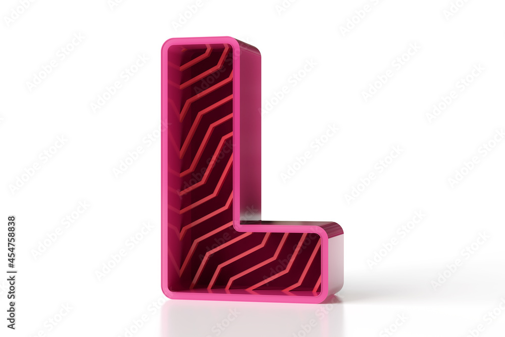 Poster creative futuristic style 3d letter l in perspective view. magenta and reddish shiny tones font set.