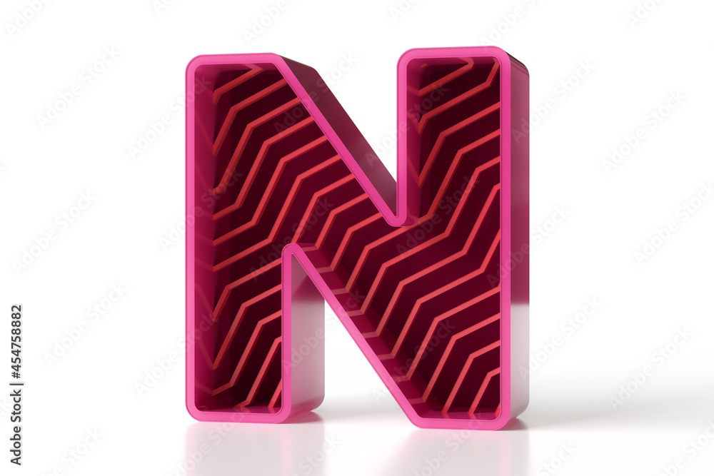 Poster letter n designed with a zigzag line pattern. shiny pink and garnet colors 3d typeface great for a m