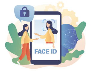 Face ID in smartphone app. Biometric identification system. Tiny woman scans and recognition faceusing laser use smartphone. Data security. Modern flat cartoon style. Vector illustration 