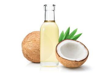 Bottle of coconut cold pressed oil isolated on white