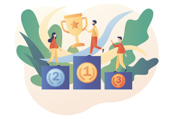 Tiny people sportmen winners stand on athletic podium or pedestal. Sport games and competition. Gold silver and bronze medals. Modern flat cartoon style. Vector illustration on white background