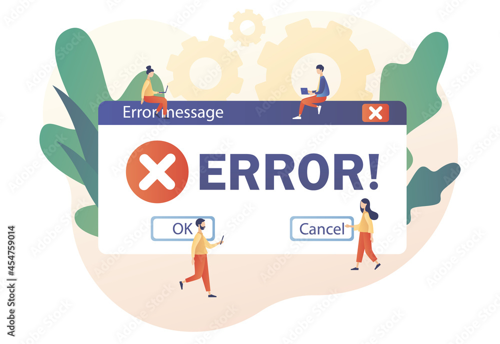 Poster tiny people examining operating system error warning window. error message. modern flat cartoon styl