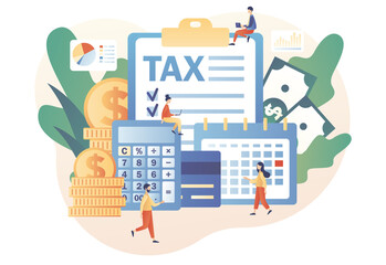 Tax payment. Tiny people filling tax form and pay bills online. Business concept. Financial charge, obligatory payment calculating. Modern flat cartoon style. Vector illustration on white background