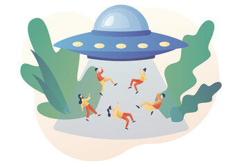 Fototapeta premium UFO spaceship with ray of light abducts humans. World Contact day. Space concept. Alien. Futuristic unknown flying object. Modern flat cartoon style. Vector illustration on white background
