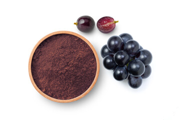 Grape extract flour (opc grape powder) in wooden bowl and fresh grapes isolated on white...