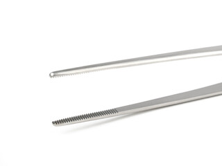 straight steel surgical tweezers with teeth on a white background