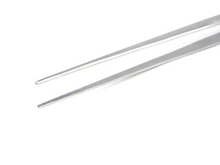 straight steel surgical tweezers with teeth on a white background