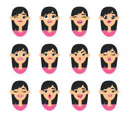 Emotional Asian women emoji. Cartoon style illustration female emoticon. Isolated Hand drawn vector facial expression. Gestures Collection Expressing Different Emotions
