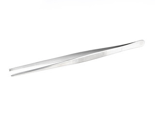straight steel surgical tweezers with fang on a white background