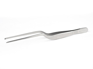 curved steel surgical tweezers with teeth on a white background