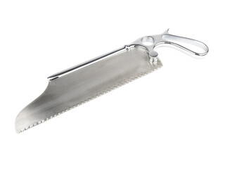 steel surgical hacksaw on a white background
