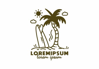Fototapeta na wymiar Coconut tree and surfing board line art with lorem ipsum text