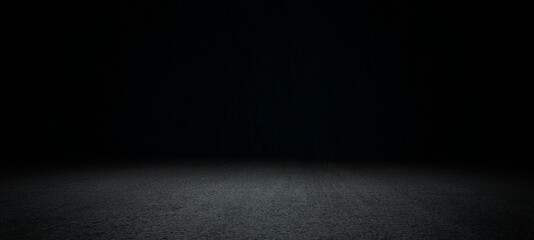 Black asphalt road and empty dark street scene background with studio room interior texture for...