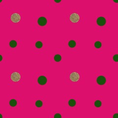 Bright seamless pattern with emerald and golden peas on a crimson background. It is made in digital technology.