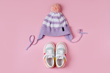 Hat with sneakers. Set of baby clothes and accessories for spring or autumn. Fashion kids outfit....