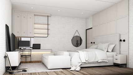 industrial loft bedroom interior design with white furniture bed sofa working table and tv cabinet with brick wall and concrete floor 3d rendering