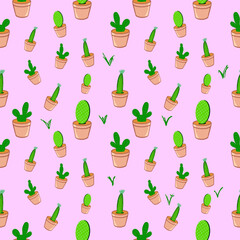 Seamless cactus in plat pot brown color pattern background, Illustration graphic More Green tree cactus on pink background. Seamless background concept