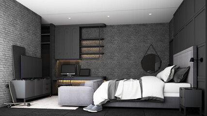 industrial loft bedroom interior design with gray furniture bed sofa working table and tv cabinet with brick wall and concrete floor 3d rendering