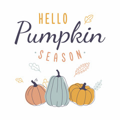 Hello Pumpkin Season. Retro autumn design with text, pumpkins and leaves. Vector fall season illustration.