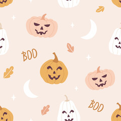 Halloween seamless pattern with pumpkins in pastel colors. Cute hand drawn template for wrapping paper, textile, etc.