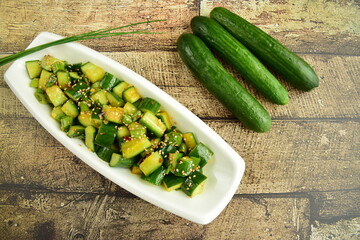 Spicy cucumber salad with soy sauce sesame oil dressing