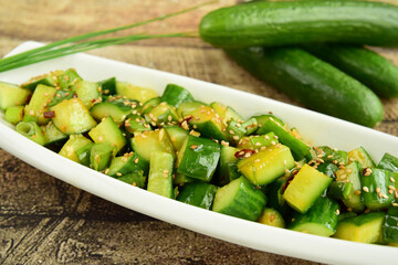 Spicy cucumber salad with soy sauce sesame oil dressing