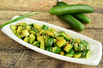 Spicy cucumber salad with soy sauce sesame oil dressing