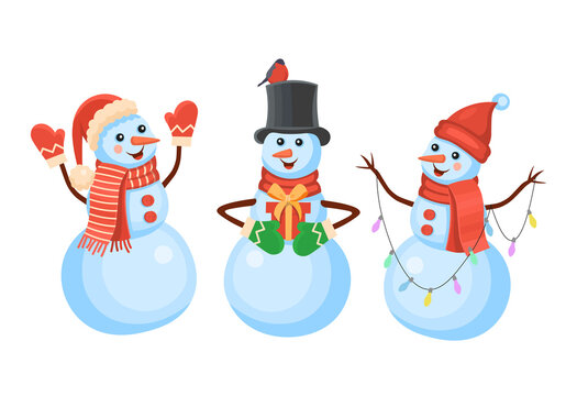 Set of snowman wearing in hats and scarves. Concept of  winter and christmas banner, sticker label and greeting card.