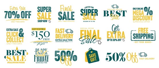 Sale and mega discount sticker, fast delivery label set. Best marketing offer with final extra sale and half price tag. Fast delivery and black friday clearance stamp isolated vector illustration
