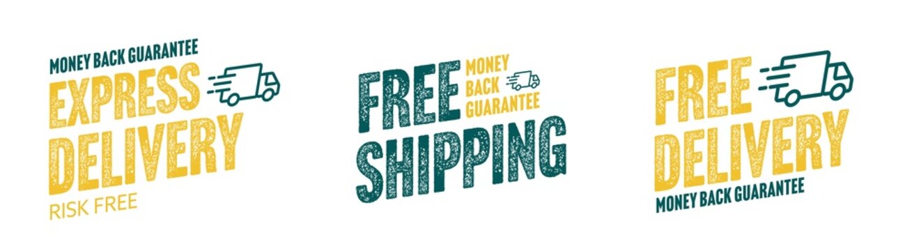 Express delivery and free shipping grunge sticker set. Money back guarantee and risk free special offer. Safe and secure shopping with fast order transportation service isolated vector illustration