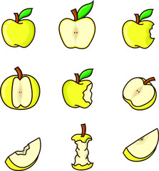Yellow apple set bundle isolated vector illustration. yellow apples can use for icon, sign, resources, elements, collection, symbol, logo, food menu, vegan and vegetarian graphic ornaments